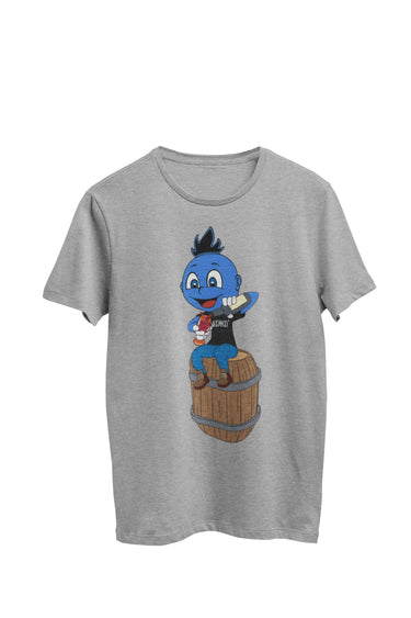 WooHooBerry elegantly pouring wine from a bottle atop a wine barrel, attired in a black WooHoo T-shirt. A tasteful moment encapsulating wine enjoyment and stylish comfort. The tee is gray.